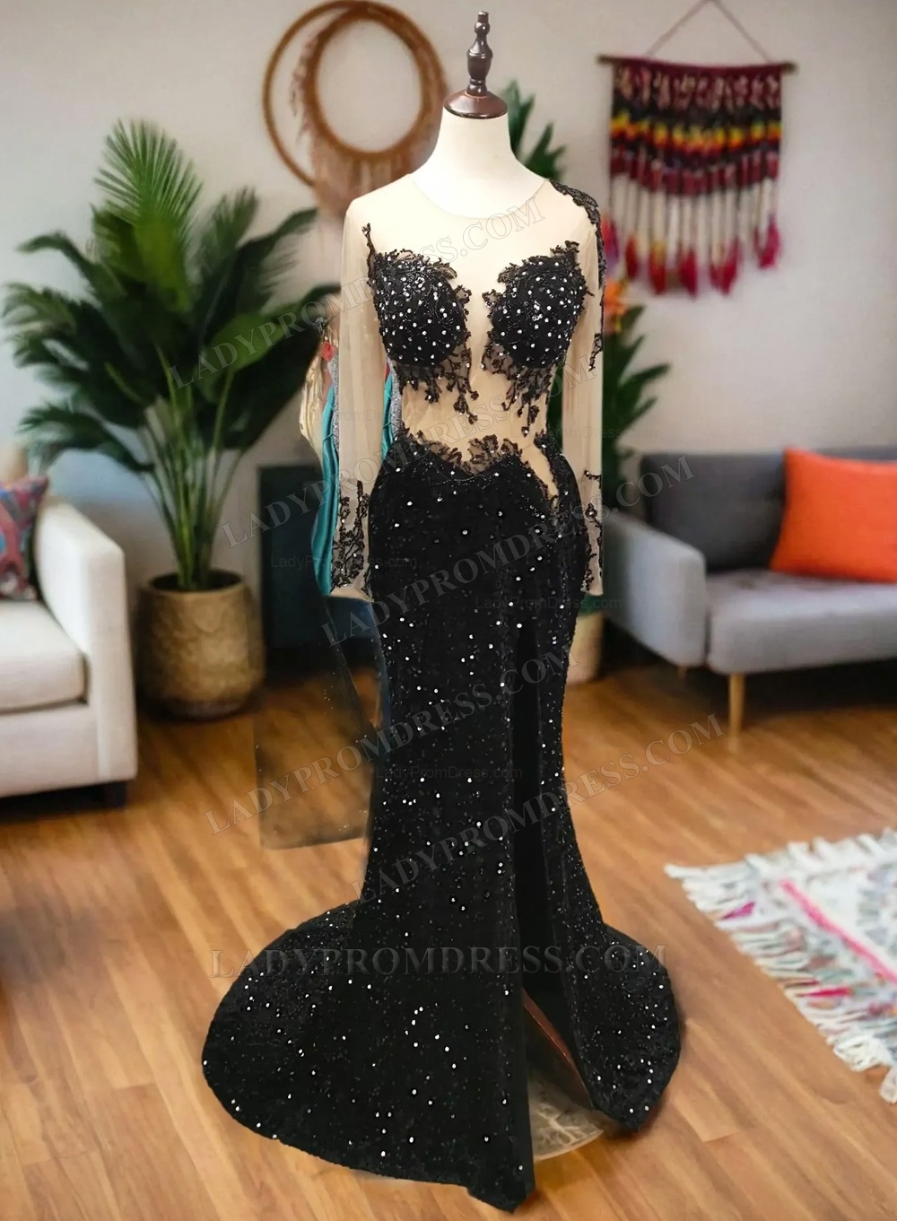 Sheath Sweetheart Sequins Long Prom Dress with Feather