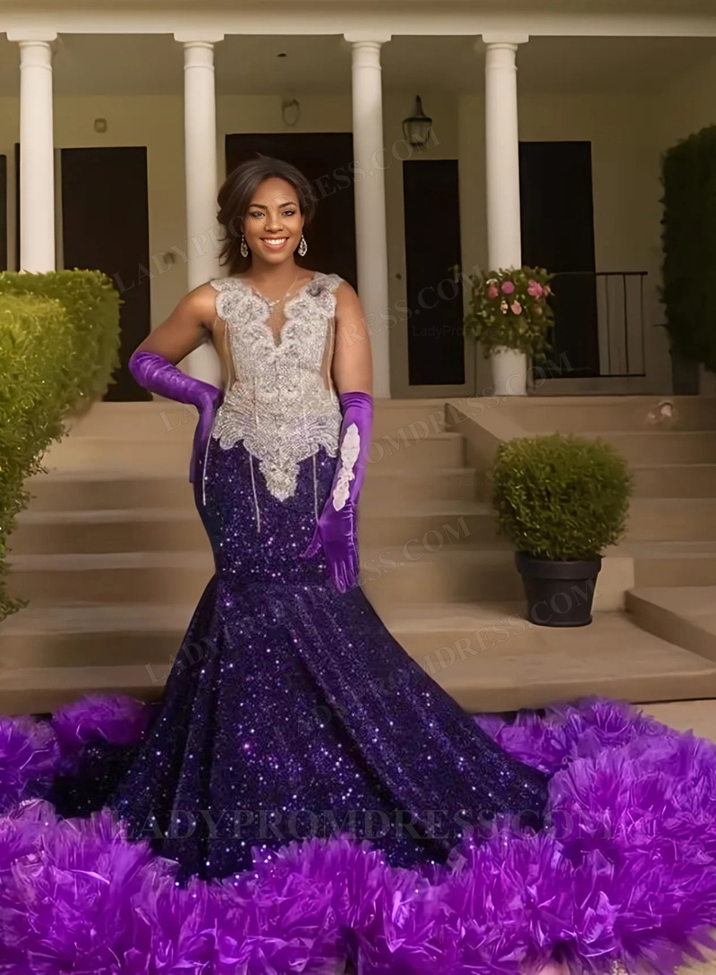 Elegantes Vestidos De Gala Amazon Usa 2026 Mermaid Sequence Purple Beaded  Long Prom Dresses With Ruffles