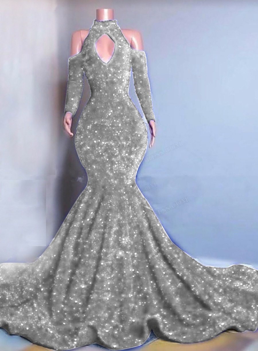Silver Long Sleeves Mermaid Sequins Prom Dresses 2024