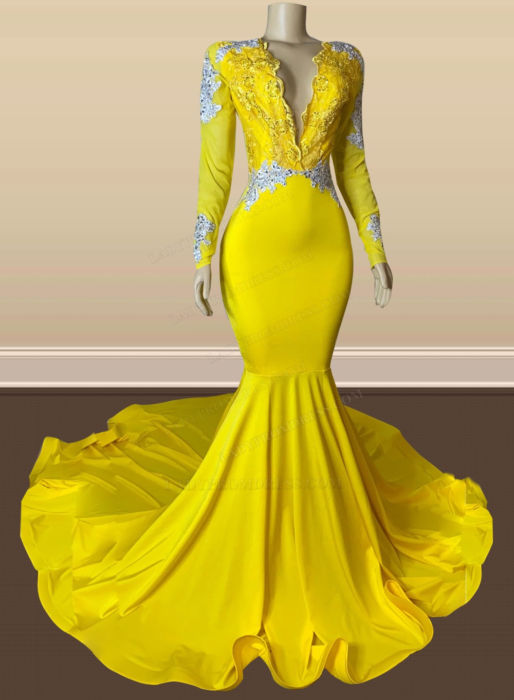 2024 Mermaid Silk Like Satin Long Sleeves V Neck Daffodil Long Prom Dresses 9373