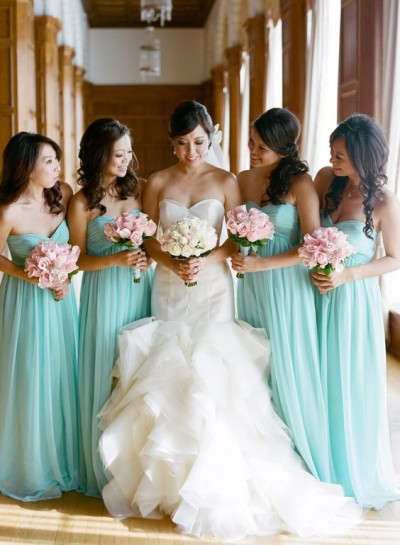 2024 A Line Mint Chiffon Sweetheart Long Bridesmaid Dresses / Gowns