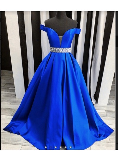 2024 Off The Shoulder Beading Sweetheart Ball Gown Royal Blue Satin Prom Dresses