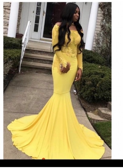 2024 Off the shoulder Long Sleeve Yellow Mermaid Prom Dresses