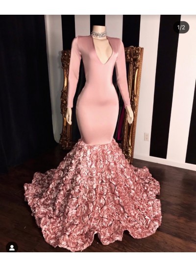 2024 Long Sleeve Dusty Rose V-neck Mermaid Prom Dresses