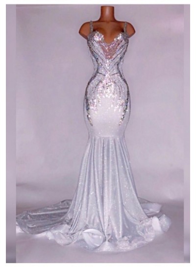 Alluring Silver Satin Beaded Mermaid Prom Dresses