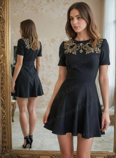 2025 A-line Short Sleeves Scoop Neck Satin Short/Mini Homecoming Dresses