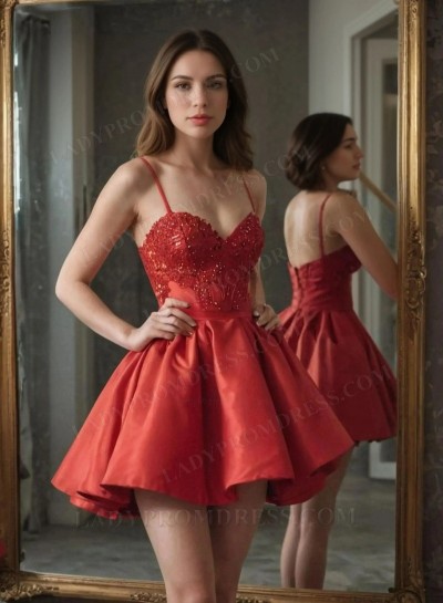 2025 Red Ball Gown Spaghetti Straps Satin Short/Mini Homecoming Dresses with Appliques