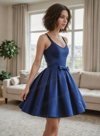 2025 Ball Gown Royal Blue V-neck Satin Short/Mini Homecoming Dresses with Bows