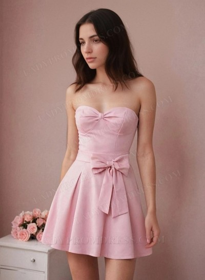 2025 Sweetheart Pink Short Mini Satin Homecoming Dresses with Bows