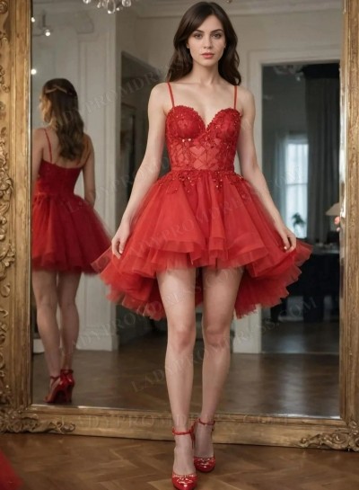 2025 Red A-line Princess Spaghetti Straps Tulle Applique Short/Mini Homecoming Dresses with Appliques