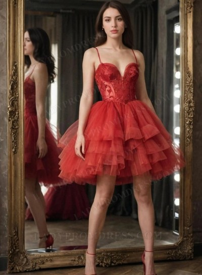 2025 Red Spaghetti Straps Sweetheart Tulle Short Homecoming Dresses with Appliques
