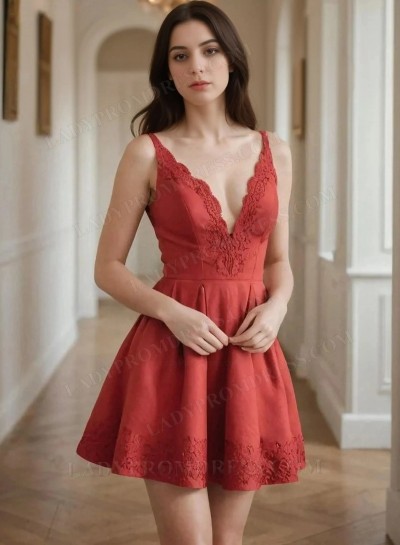 2025 Red A Line V-neck Satin Short Homecoming Dresses with Lace