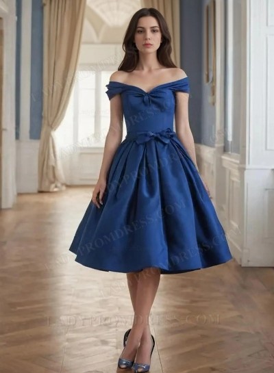 2025 Royal Blue Off the Shoulder A-line Knee Length Homecoming Dresses with Bows