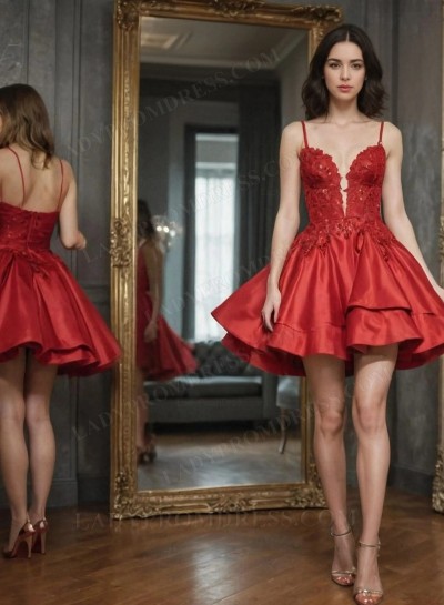 2025 Red Spaghetti Straps V-neck Ball Gown Homecoming Dresses with Appliques