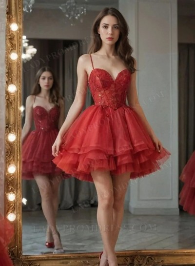 2025 Red Ball Gown Spaghetti Straps Sweetheart Tulle Homecoming Dresses with Appliques