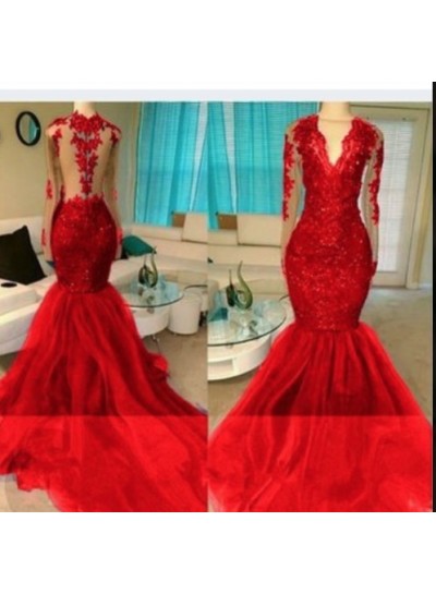 2024 Red Appliques Long Sleeve V-neck Prom Dresses