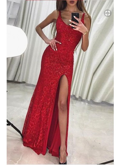 2024 Charming Column/Sheath Red Side Slit Sequence Prom Dresses