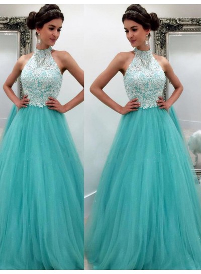 LadyPromDress 2024 Blue High Neck Appliques Floor-Length/Long A-Line/Princess Tulle Prom Dresses