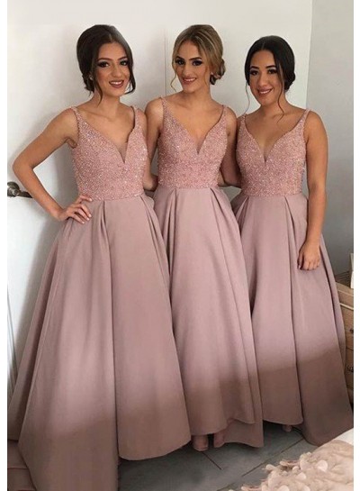 Satin Sweep Train A-Line/Princess Sleeveless V-Neck Bridesmaid Dresses / Gowns With Sequins