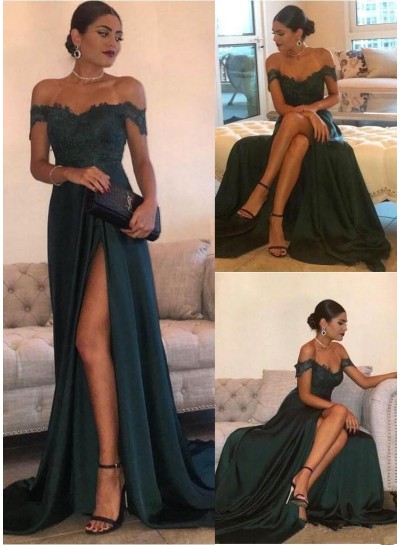 2024 Siren Princess/A-Line Satin Off The Shoulder Side Slit Dark Green Prom Dresses