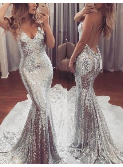 2024 Sexy Silver Sequence Mermaid/Trumpet Backless Prom Dresses