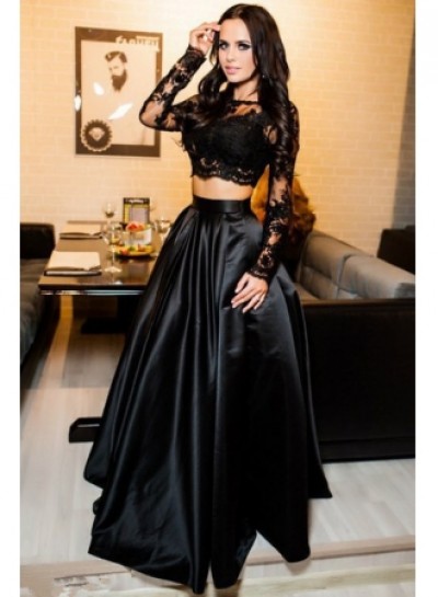 2024 Siren Princess/A-Line Black Long Sleeves Two Pieces Satin Prom Dresses