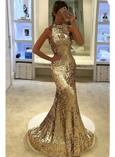 2024 Siren Mermaid/Trumpet Gold Sequence Prom Dresses