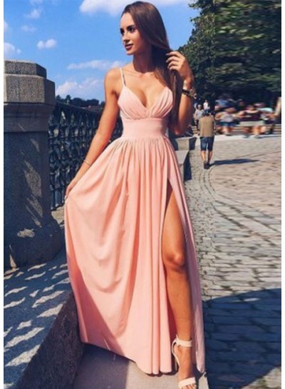 2024 Siren Princess/A-Line Pink Spaghetti Straps Side Slit Prom Dresses