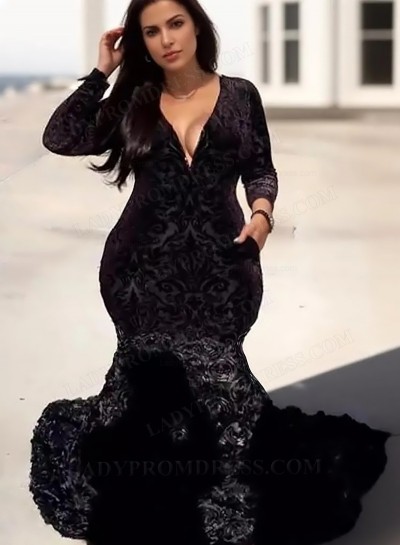 2025 Long Sleeve Mermaid Velvet Black V-neck Prom Dresses