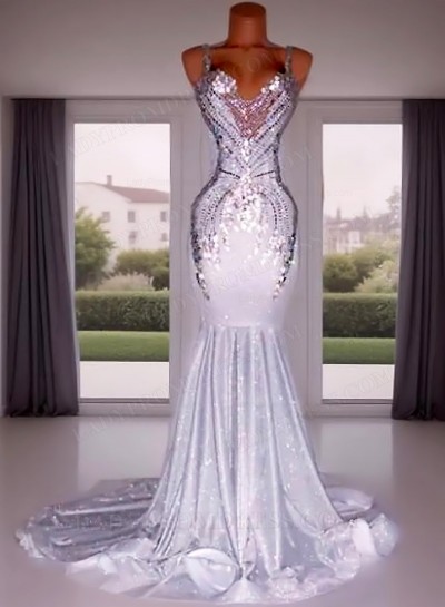 2025 Silver Satin Beaded Mermaid Prom Dresses