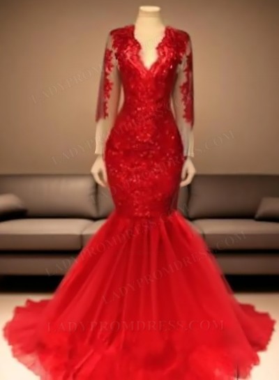 2025 Red Appliques Long Sleeve V-neck Prom Dresses
