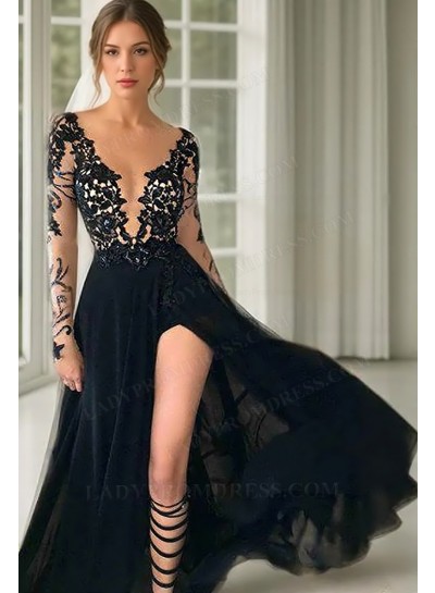 2025 Black Sexy Split Sheer Sleeves Lace Prom Dresses