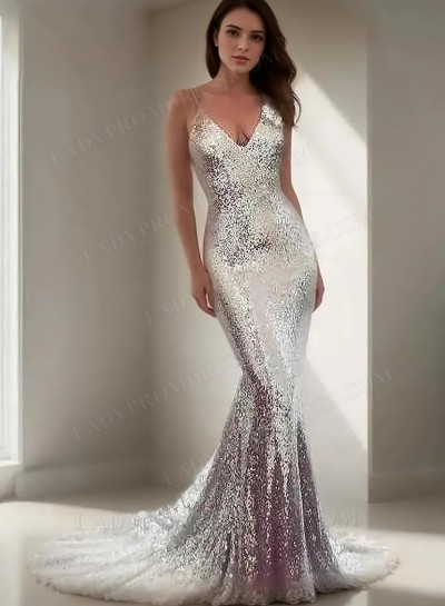 2025 Silver Sequence Mermaid/Trumpet Backless Prom Dresses