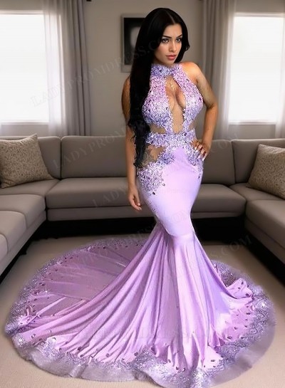 Lilac Long Train Backless Mermaid Prom Dresses With Appliques