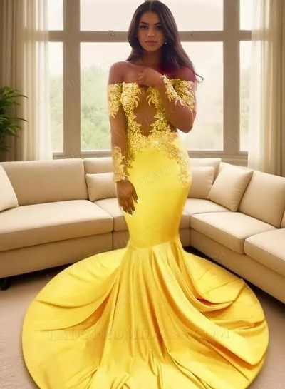 Off Shoulder Mermaid Long Sleeves Yellow Long Train Prom Dresses With Appliques 