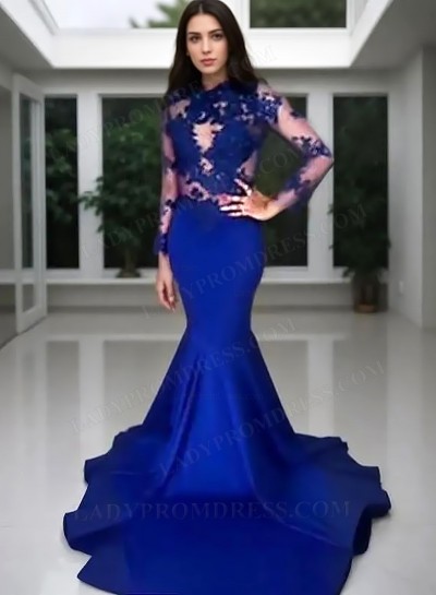 2025 Royal Blue Mermaid Long Sleeve Satin See Through Prom Dresses With Appliques