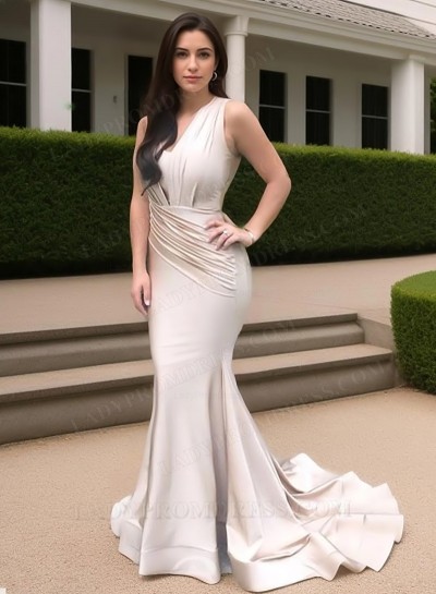 2025 Mermaid One Shoulder Champagne V Neck Stretchy Long Prom Dresses