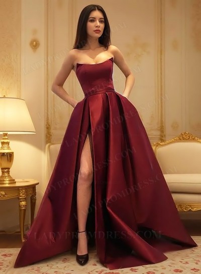 Strapless Side Split Ball Gown Satin Burgundy Prom Dresses 2025