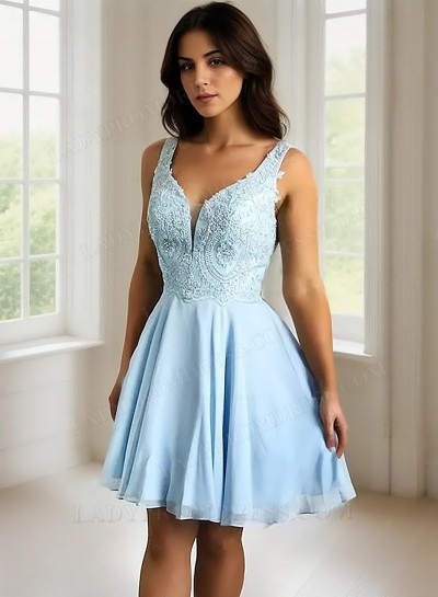 V Neck Sleeveless Appliques Blue Chiffon A Line Pleated Flowers Short Homecoming Dresses