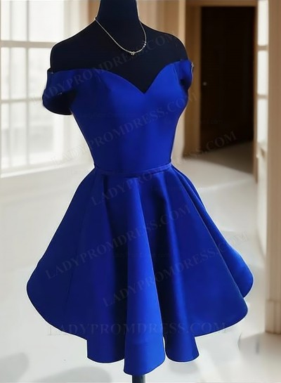 Royal Blue Off The Shoulder V Neck A Line Satin Pleated Short Homecoming Dresses