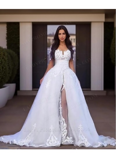 2025 White Long Sleeves Off Shoulder Side Slit Tulle With Appliques Wedding Dresses