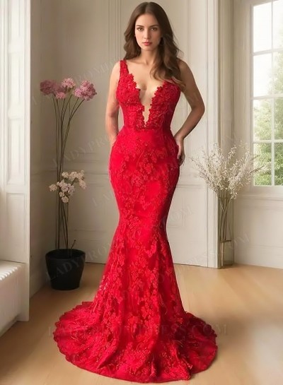 Red Mermaid V Neck Lace 2025 Prom Dresses