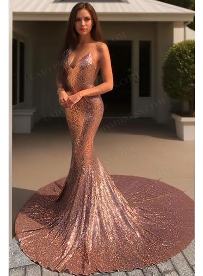 2025 Mermaid Dusty Rose Backless V Neck Sequence Long Prom Dresses
