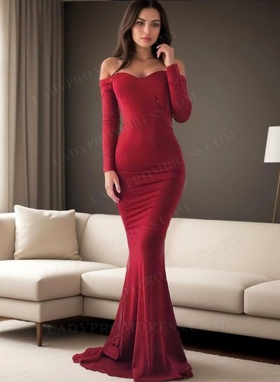 2025 Sheath Long Sleeves Off Shoulder Burgundy Prom Dresses
