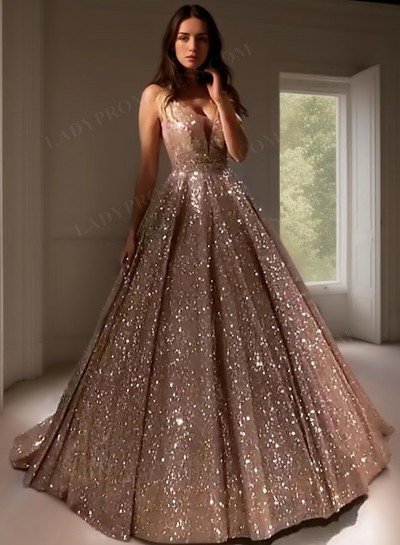 2025 Sweetheart Sequence Champagne Ball Gown Prom Dresses