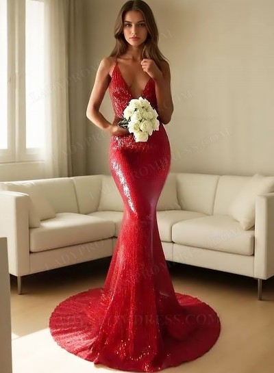 2025 Red Mermaid Backless V Neck Sequence Prom Dresses