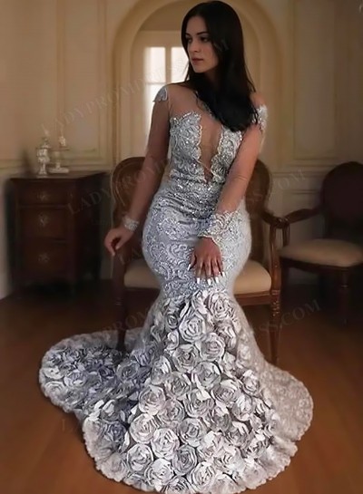 Mermaid Silver Long Sleeves Rose Open Front Long Prom Dresses 2025