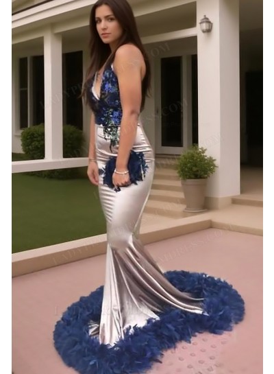 2025 Mermaid V Neck Feathers Dark Navy Prom Dresses