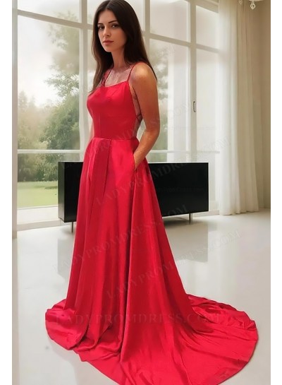 A Line Elastic Satin Red Backless Halter 2025 Prom Dresses