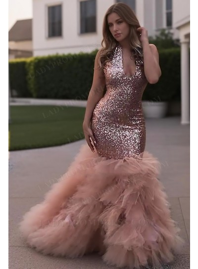 2025 Mermaid Dusty Rose Tulle Sequence V Neck Prom Dresses